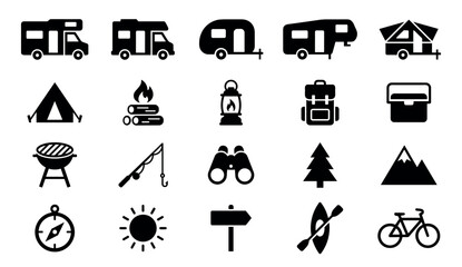 Obraz premium Set of twenty black solid icons for outdoor activities and travel, showing an RV, tent, barbecue, mountain, compass, and bicycle in a clean, minimalist vector style