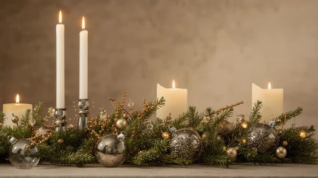 Elegant candle centerpiece with evergreen garland, metallic ornament bauble accents and warm glow