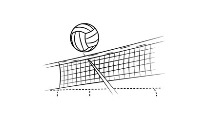 A black and white sketch of a volleyball about to be hit over the net by a player's hand.