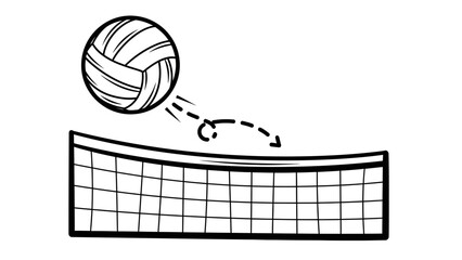 A black and white illustration of a volleyball in mid-air, about to cross over a net during a game.