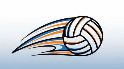A dynamic illustration of a volleyball in motion with stylized streaks of orange and blue.