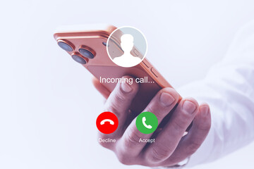 Hand holding smartphone with incoming call interface isolated on white background. Concept of mobile communication, business call, customer support and modern digital contact.