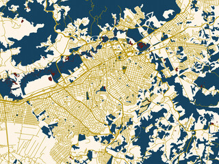 Fototapeta premium Flat city map of Mogi das Cruzes, Brazil — minimal ivory map base with golden roads and dark red water bodies in a modern flat style