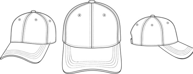 cad drawing flat vector illustration, baseball cap sketch, fashion accessory template, garment technical design, multi-angle view, cap blueprint