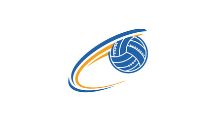 A stylized graphic of a blue volleyball with orange and blue swooshes behind it, representing motion and sport.