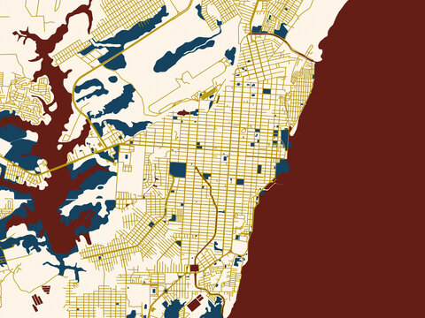 Poster-style map of Macapa, Brazil using midnight red and gold palette