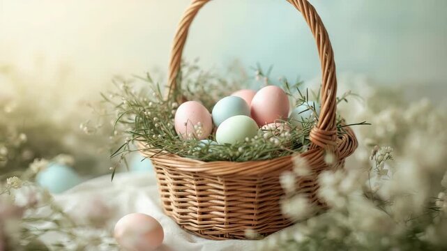 Easter basket pastel eggs nestled in greenery with spring flowers and soft morning light