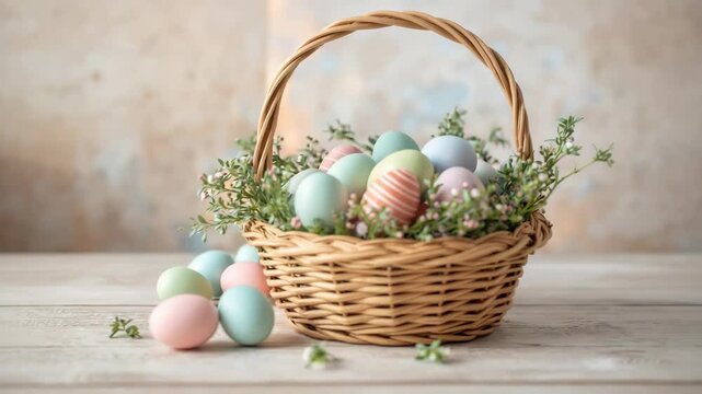Pastel Easter egg basket with spring flowers on rustic table creating soft festive scene