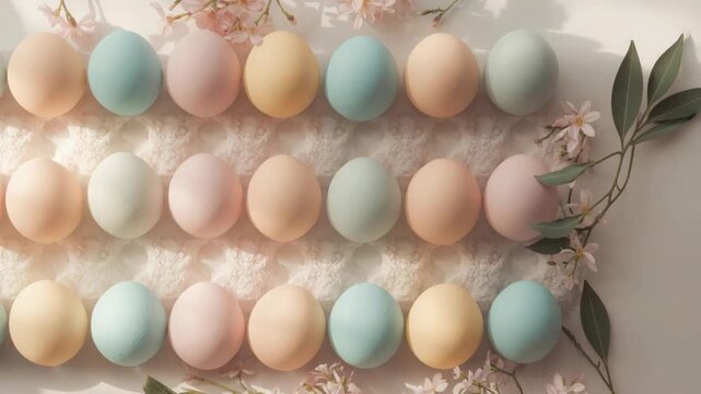 Pastel Easter egg fabric display with neat rows of spring flower accents and gentle light