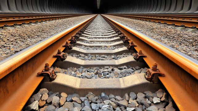 Parallel railway tracks enter a dark tunnel perspective