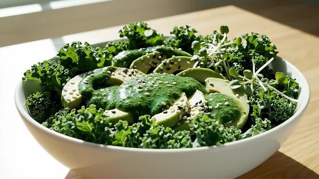 Healthy Avocado Kale Salad Bowl with Sesame Seeds and Microgreens - Vegan Food Photography
