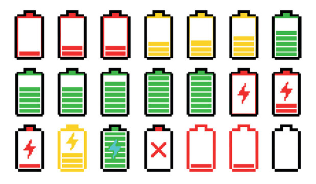Pixel art battery charge level indicator icons set showing various states from empty to full, low power, and charging for a retro 8-bit video game user interface