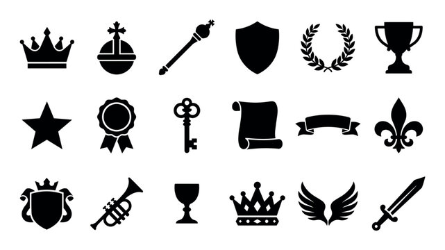 Collection of black royal heraldic icons including crowns, a shield, sword, key, trophy, and scepter, representing power, victory, and nobility in a flat graphic style
