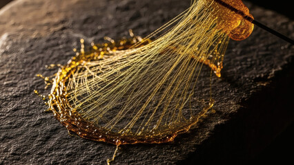 Golden threads on dark stone surface, delicate fibers, warm lighting