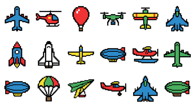Colorful pixel art icon set of various flying vehicles and aircraft for a retro video game aesthetic, featuring a plane, rocket, helicopter, drone, and hot air balloon
