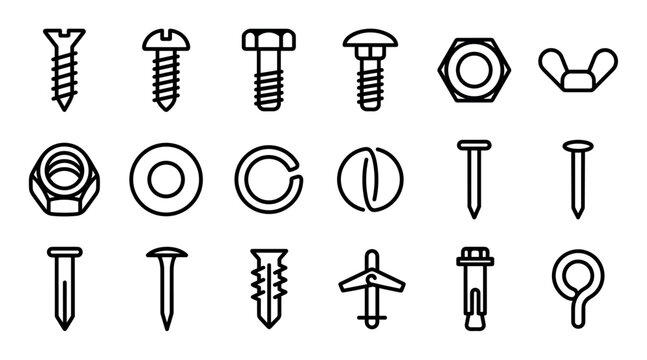 Collection of hardware fastener line icons showing various screws, bolts, nuts, washers, and nails in a simple, minimalist black and white graphic illustration style