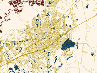 Flat city map of Taubate, Brazil in gold street network with deep red water