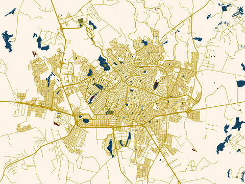 Poster-style map of Uberaba, Brazil using cream map with gold lines