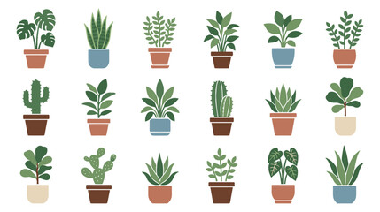 Diverse collection of eighteen different potted houseplants, including succulents and cacti, rendered in a simple, modern flat vector illustration style with earthy colors