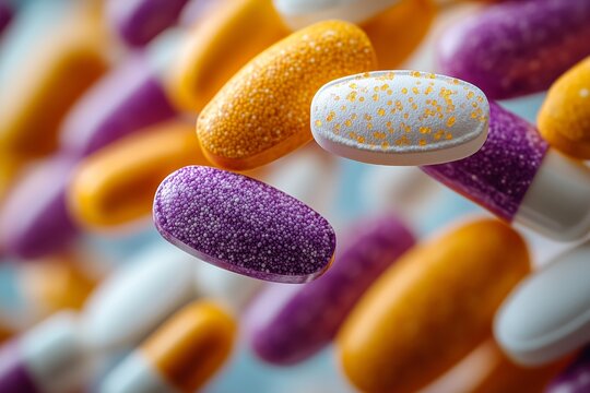 Floating capsule over blurred pills, clean minimal medical visual for telemedicine apps, pharmacies and wellness campaigns.