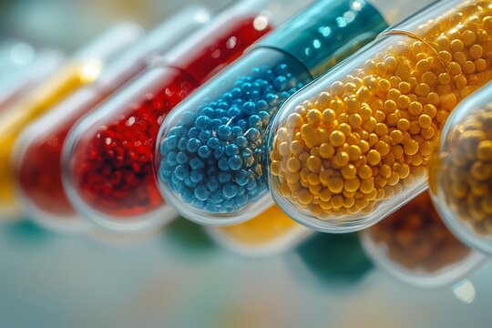 Floating capsule over blurred pills, clean minimal medical visual for telemedicine apps, pharmacies and wellness campaigns.