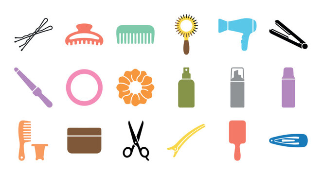 Collection of colorful hair styling tools and accessories including a comb, brush, scissors, and dryer, presented as a flat design icon set for beauty and salon concepts