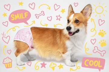 A cheerful corgi stands in profile wearing light pink printed underwear with playful pastel doodles including hearts, stars, and bones surrounding it on a white background