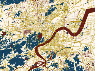 Obraz premium City map of Hangzhou, China – midnight red and gold palette