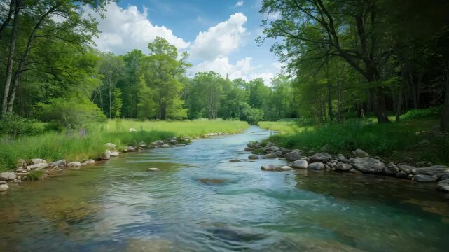 Sunlit river meadow with clear water, green forest and blue sky with white clouds flowing peacefully
