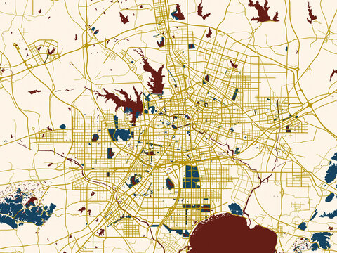 Flat city map of Hefei, China in minimal cream and gold map