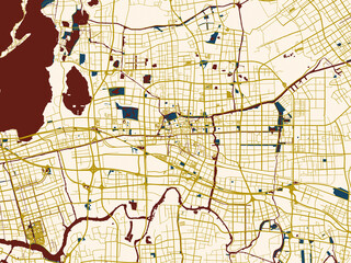 Fototapeta premium Decorative abstract map of Kunshan, China, featuring warm gold street grid over a cream background with bold deep-red water areas