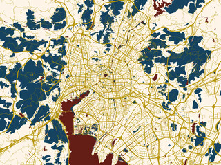 Fototapeta premium Abstract city map of Kunming, China with midnight red and gold palette