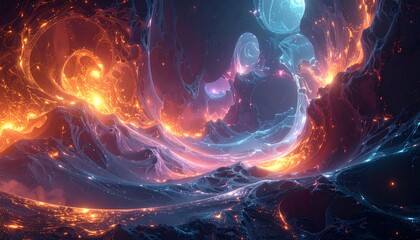 A vibrant, abstract digital artwork depicting swirling clouds of orange and blue gas