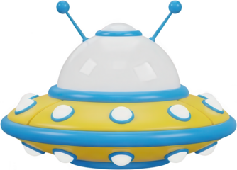 Adorable yellow and blue toy flying saucer with white dome and antennae resembling a classic spaceship design UFO alien cartoon science fiction cute whimsical children transparent background