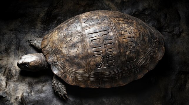 Snapping Turtle, shell like ancient, rune-etched stone, surreal historical artifact texture, moody, shadowy lighting