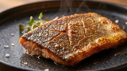 Crispy Grilled Steak on Wooden Table