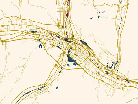 Flat city map of Xining, China &mdash; rich red water shapes with ivory land and golden street network accents