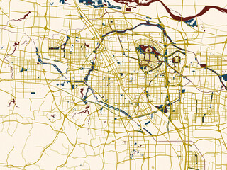 Naklejka premium Decorative abstract map of Zhengzhou, China, featuring rich red water shapes with ivory land and golden street network accents