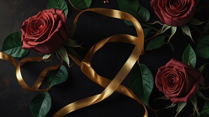 bouquet of red roses with golden ribbon