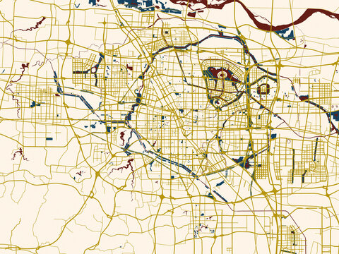 Decorative abstract map of Zhengzhou, China, featuring rich red water shapes with ivory land and golden street network accents