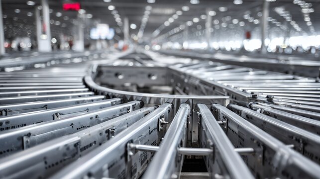 Metallic airport baggage conveyor system curving into distance