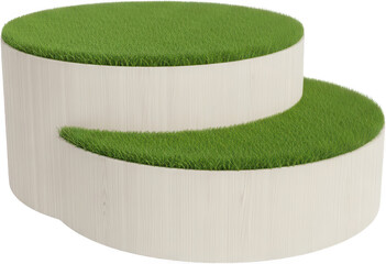 Modern curved tiered bench featuring natural light wood siding and vibrant green artificial grass seating surfaces for outdoor spaces artificial turf outdoor furniture transparent background