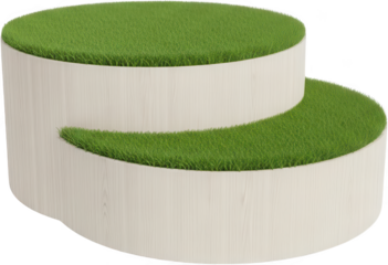 Modern curved tiered bench featuring natural light wood siding and vibrant green artificial grass seating surfaces for outdoor spaces artificial turf outdoor furniture transparent background