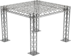 Silver metallic square stage truss system structure composed of four vertical pillars supporting a latticed platform element stage structure scaffolding rigging transparent background