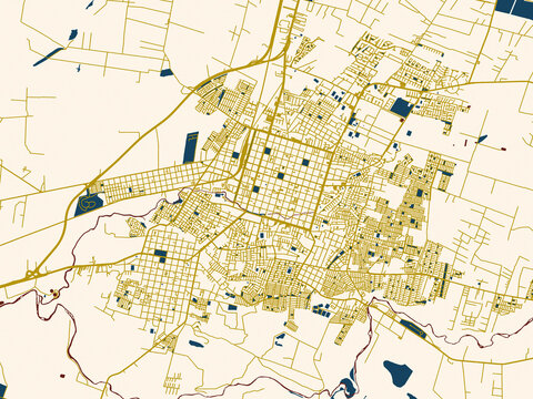 Flat city map of Chillan, Chile in gold street network with deep red water