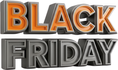 Three dimensional metallic gray and orange text reading Black Friday stacked in two lines suggesting a major sales event promotion marketing typography advertisement transparent background