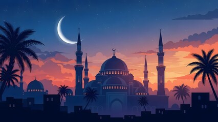Ramadan nights a crescent moon over a mosque at sunset