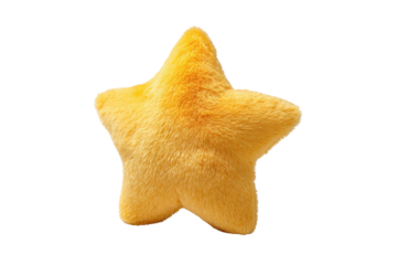 Fluffy yellow star shaped plush pillow isolated on black background soft
