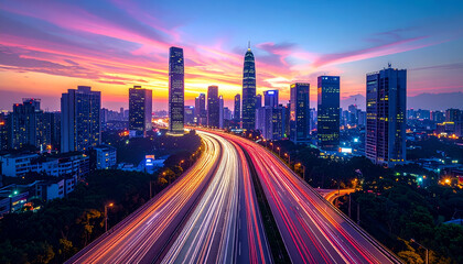 Obraz premium Long exposure of vibrant red and white traffic light trails on a multi-lane highway leading through a modern city skyline with skyscrapers under a colorful sunset sky.