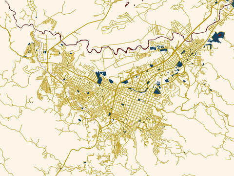 Poster-style map of Popayan, Colombia using minimal cream and gold map